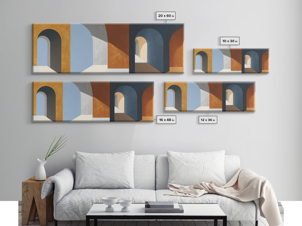 Gray Architectural Arch and Shadow Study Canvas Print, Monochrome Art, Large Wall Art, Living Room Decor, Watercolor Art, Mono, MON-3x1-26