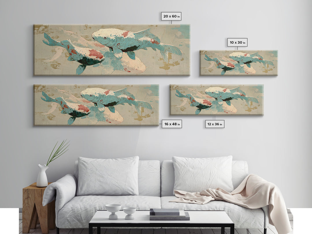 Teal Koi Fish on Tonal Water Canvas Print, Monochrome Art, Digital Print, Living Room Decor, Fine Art, Mono, Modern Art, MON-3x1-33