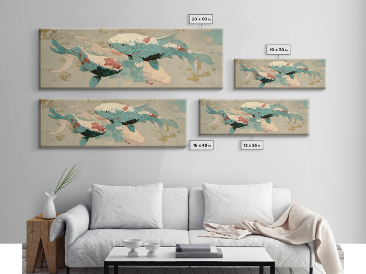 Teal Koi Fish on Tonal Water Canvas Print, Monochrome Art, Digital Print, Living Room Decor, Fine Art, Mono, Modern Art, MON-3x1-33