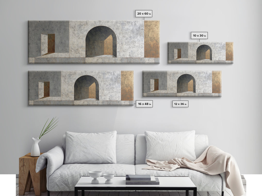 Gray Architectural Arch and Shadow Study Canvas Print, Monochrome Art, Large Wall Art, Living Room Decor, Watercolor Art, Mono, MON-3x1-50