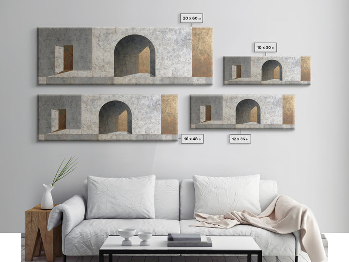 Gray Architectural Arch and Shadow Study Canvas Print, Monochrome Art, Large Wall Art, Living Room Decor, Watercolor Art, Mono, MON-3x1-50