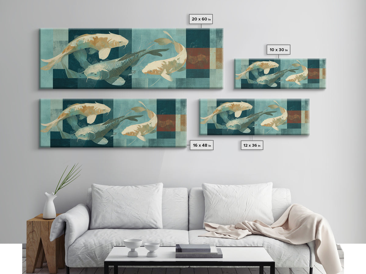 Teal Koi Fish on Tonal Water Framed Canvas Print, Monochrome Art, Dopamine Decor, Living Room Decor, Mono, Modern Decor, MON-3x1-57