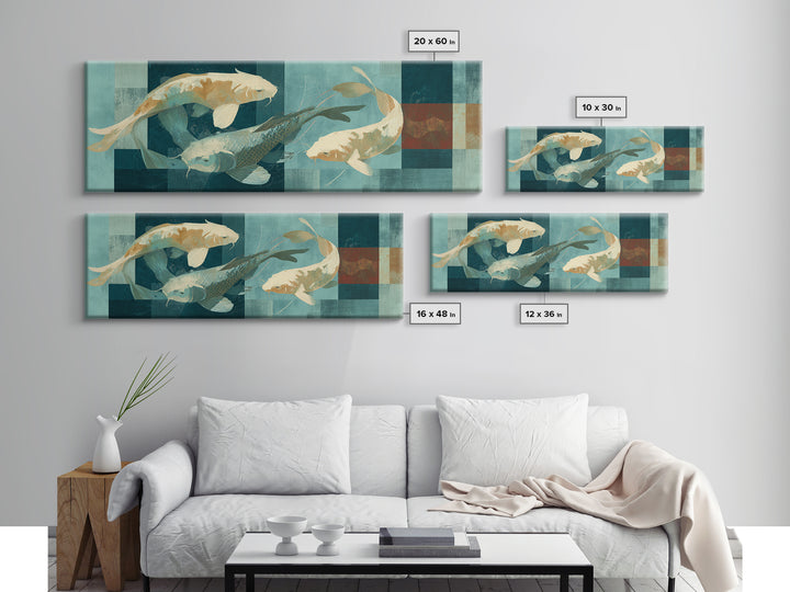Teal Koi Fish on Tonal Water Framed Canvas Print, Monochrome Art, Dopamine Decor, Living Room Decor, Mono, Modern Decor, MON-3x1-57
