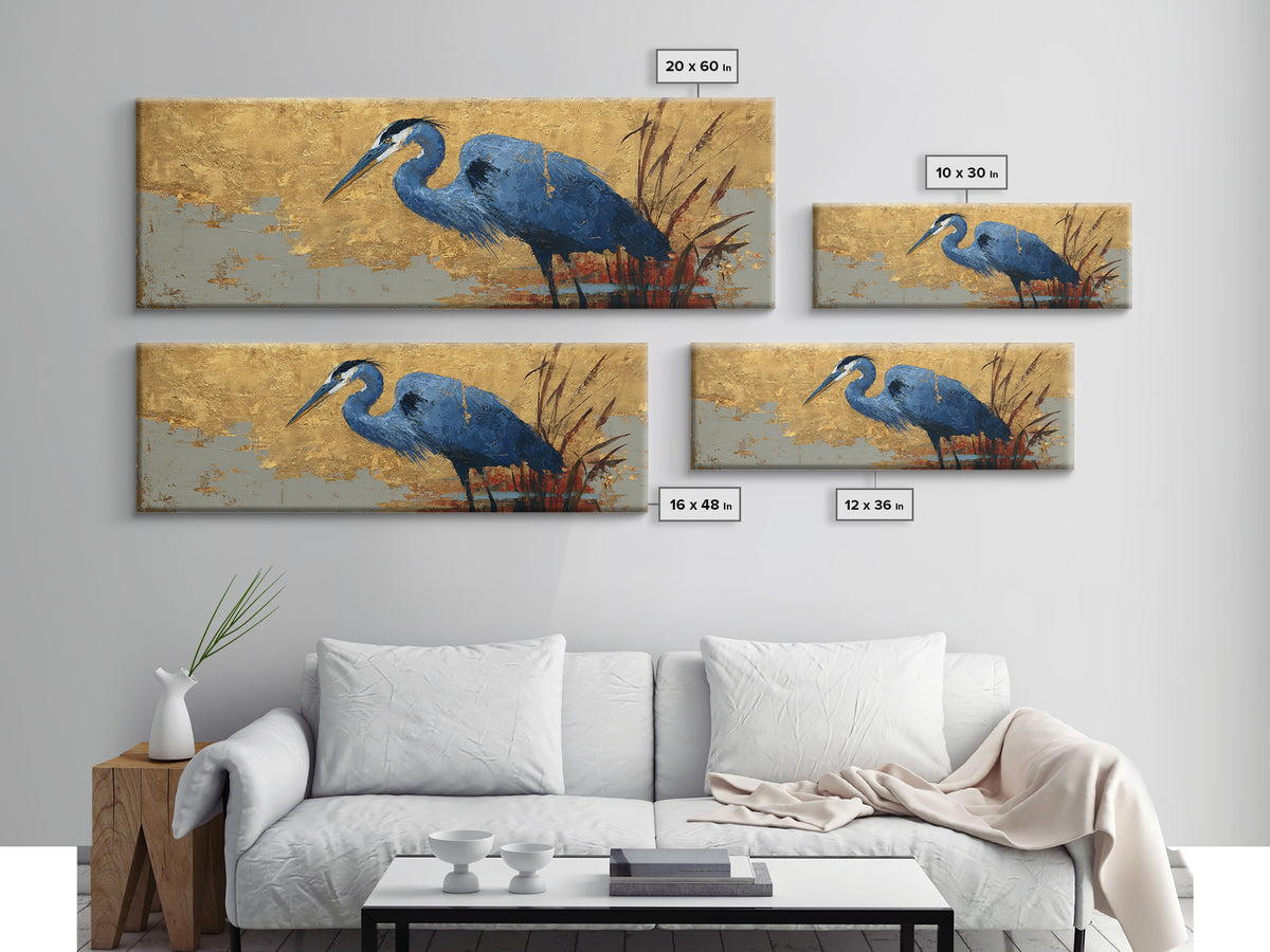 Blue Heron in Monochrome Navy Palette Framed Canvas Print, Monochrome Art, Wall Art, Living Room Decor, Fine Art, Mono, MON-3x1-72