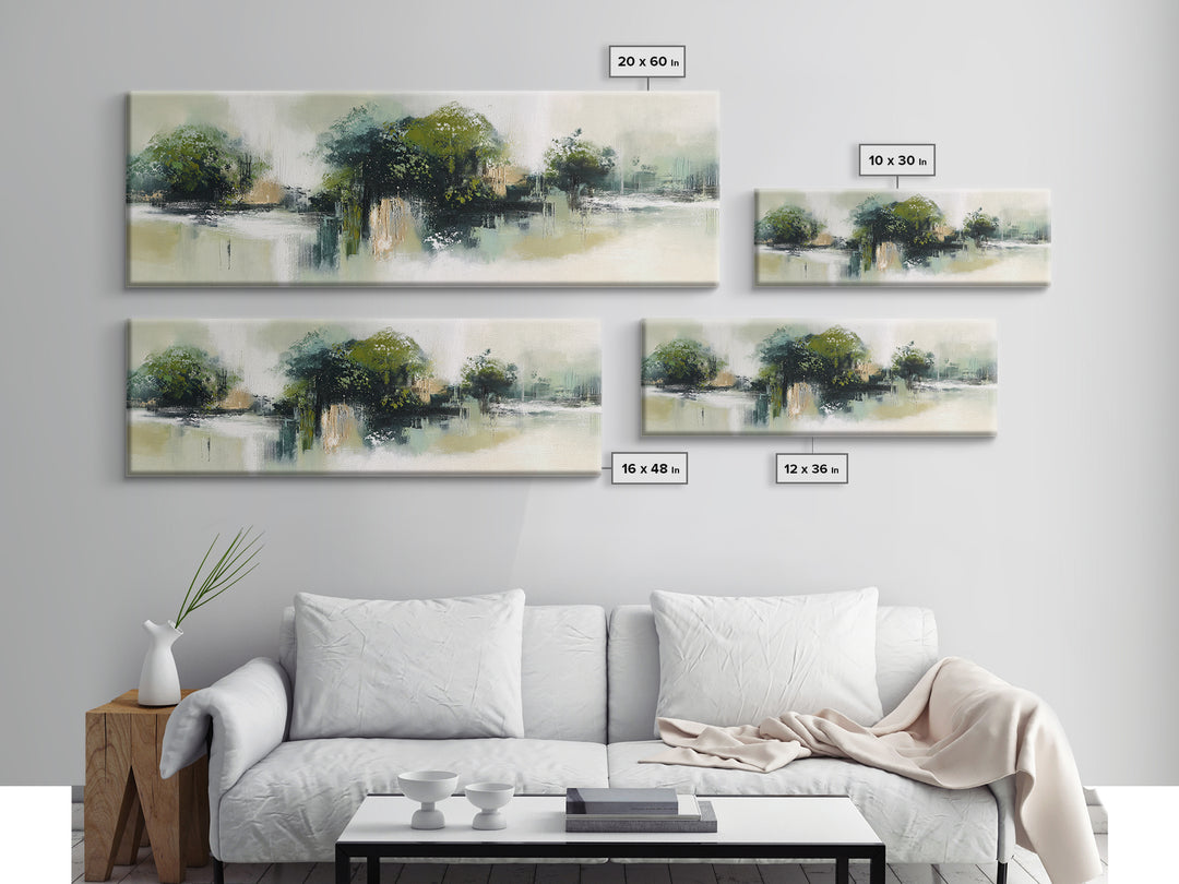 Deep Green Forest Silhouette Study Framed Canvas Print, Monochrome Art, Boho Wall Art, Living Room Decor, Oil Painting, Mono, MON-3x1-77