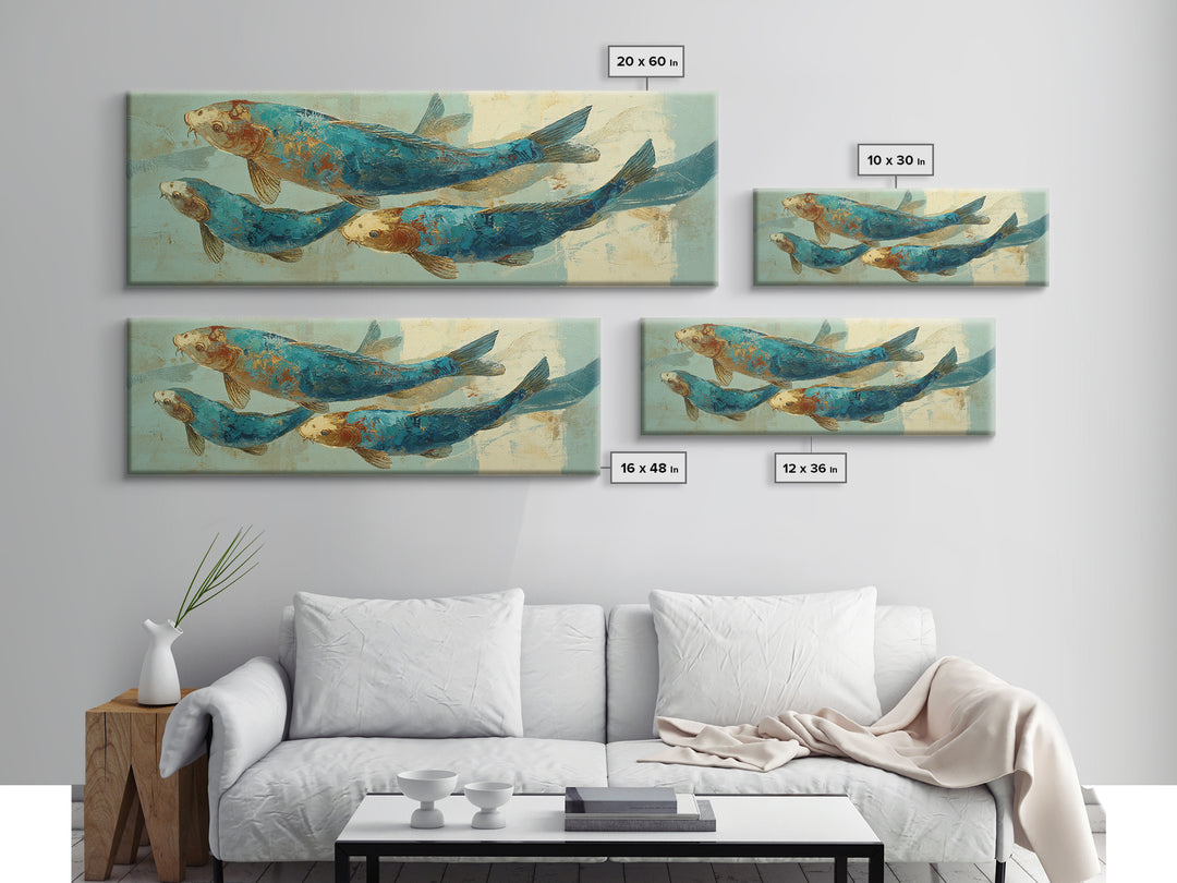 Teal Koi Fish on Tonal Water Framed Canvas Print, Monochrome Art, Dopamine Decor, Living Room Decor, Mono, Modern Decor, MON-3x1-81