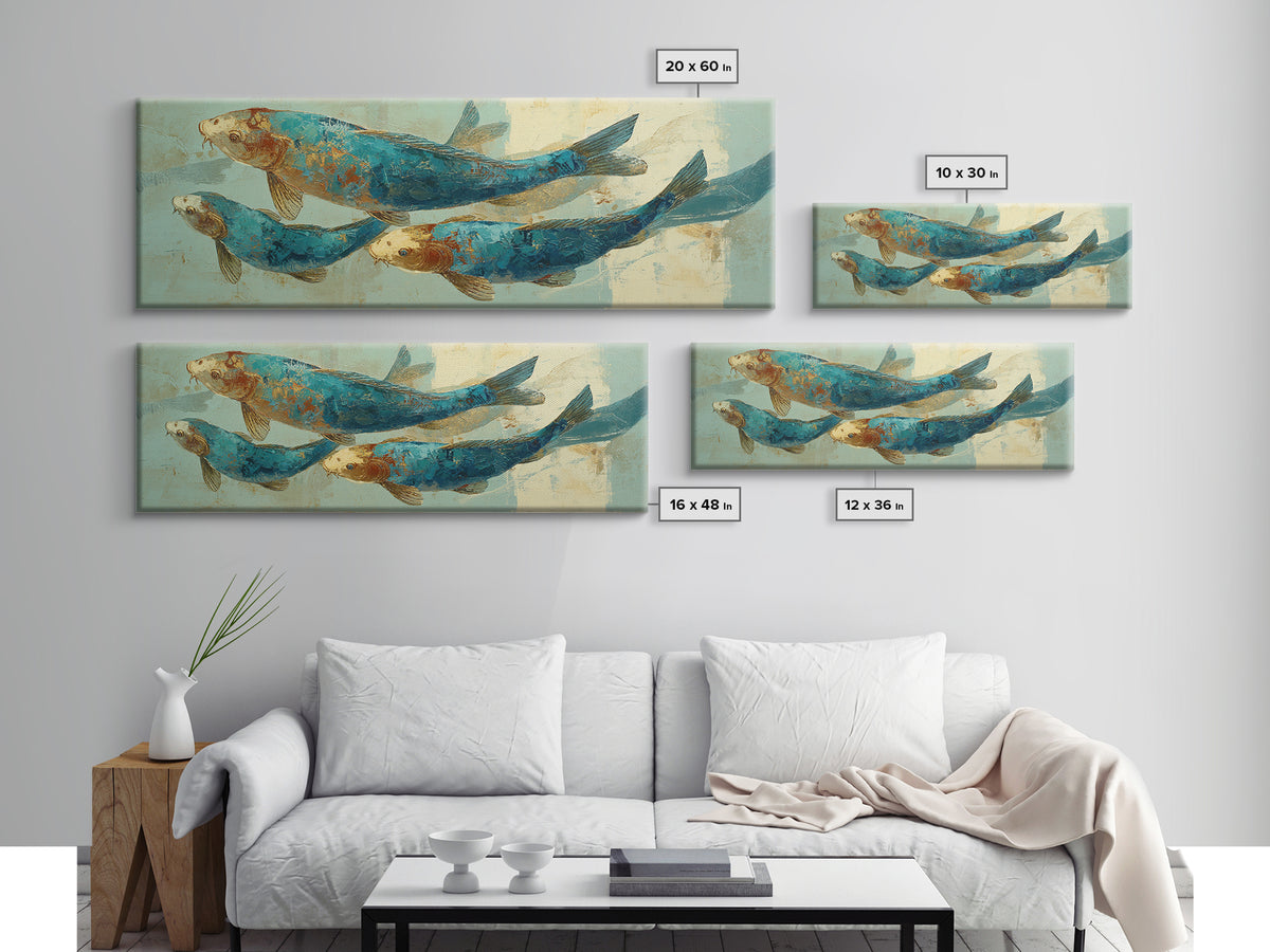 Teal Koi Fish on Tonal Water Framed Canvas Print, Monochrome Art, Dopamine Decor, Living Room Decor, Mono, Modern Decor, MON-3x1-81