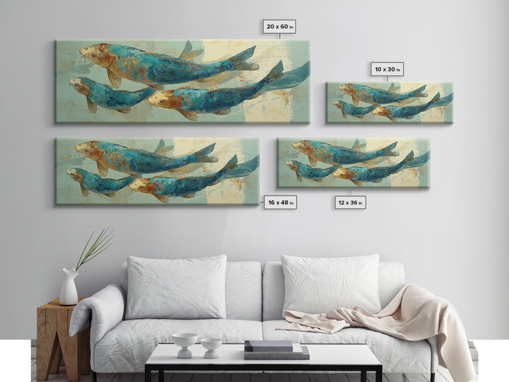 Teal Koi Fish on Tonal Water Framed Canvas Print, Monochrome Art, Dopamine Decor, Living Room Decor, Mono, Modern Decor, MON-3x1-81