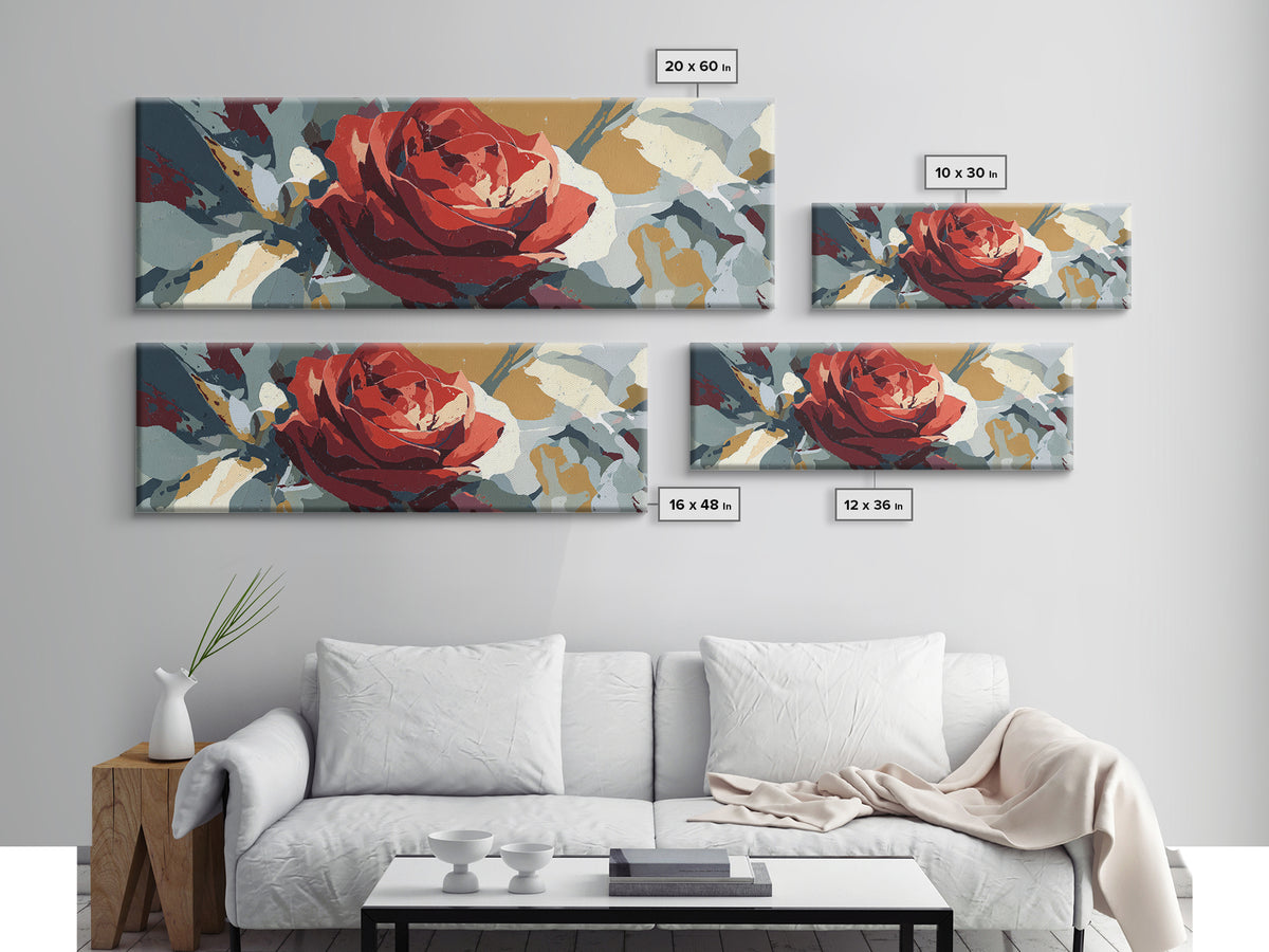 Single Red Rose Rendered Only Canvas Print, Monochrome Art, Textured Painting, Living Room Decor, Oil Painting, Mono, MON-3x1-95
