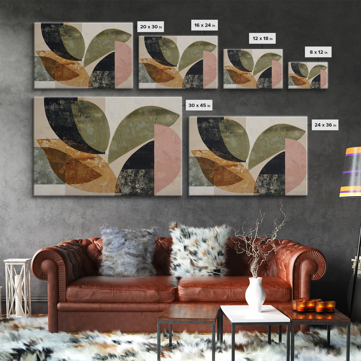 Olive Green Abstract Leaf Pattern Framed Canvas Print, Monochrome Art, Digital Print, Living Room Decor, Fine Art, Mono, MON-3x2-24