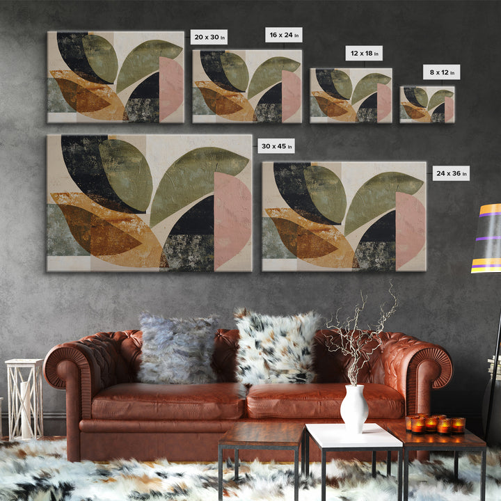 Olive Green Abstract Leaf Pattern Framed Canvas Print, Monochrome Art, Digital Print, Living Room Decor, Fine Art, Mono, MON-3x2-24