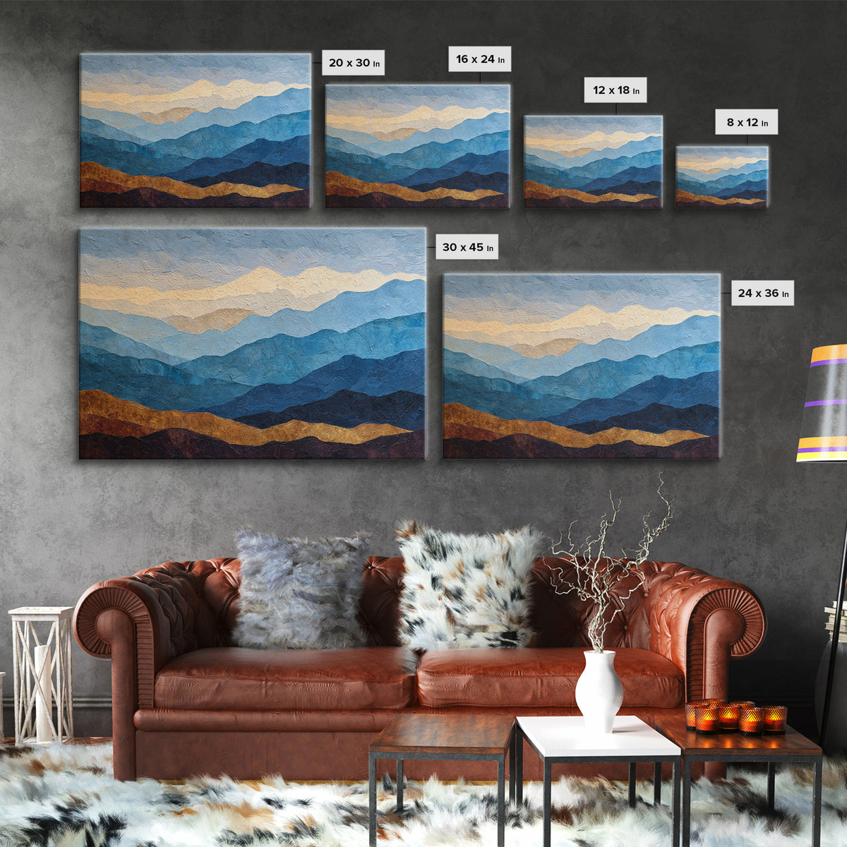 Blue Mountain Ridge Layers Framed Canvas Print, Monochrome Art, Large Wall Art, Living Room Decor, Watercolor Art, Mono, MON-3x2-28