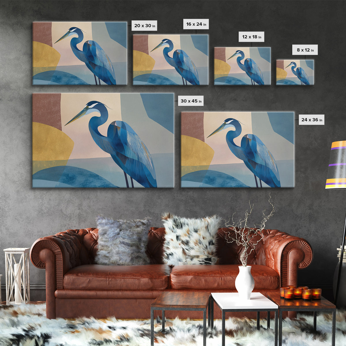 Blue Heron in Monochrome Navy Palette Framed Canvas Print, Monochrome Art, Living Room Decor, Fine Art, Mono, Gallery Decor, MON-3x2-36