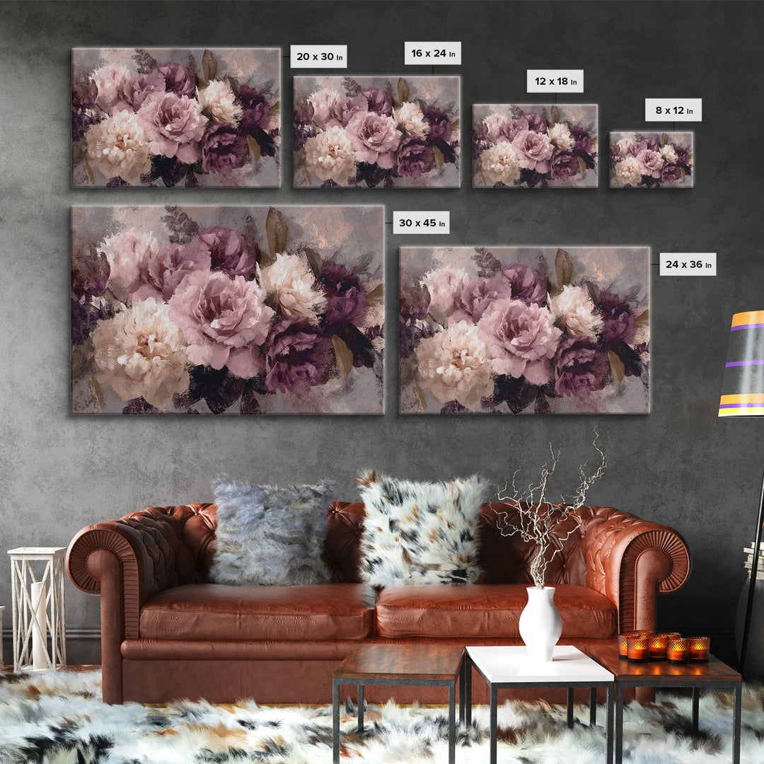 Monochrome Floral Bouquet Framed Canvas Print, Monochrome Art, Textured Wall Art, Living Room Decor, Mono, Wallpaper Mural, MON-3x2-46