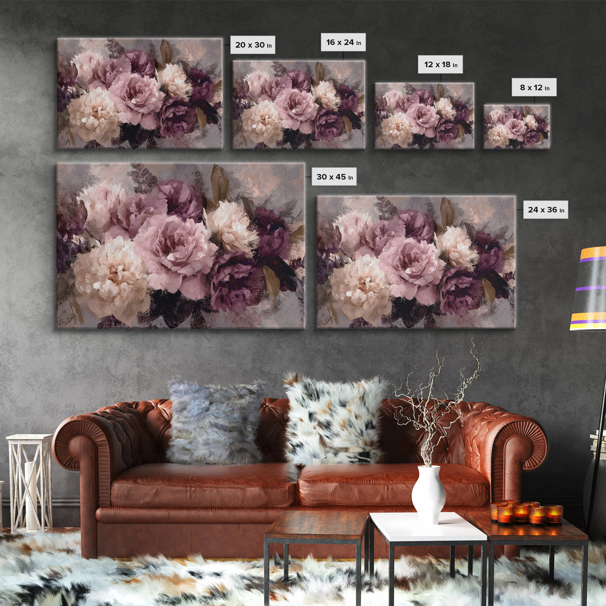 Monochrome Floral Bouquet Framed Canvas Print, Monochrome Art, Textured Wall Art, Living Room Decor, Mono, Wallpaper Mural, MON-3x2-46