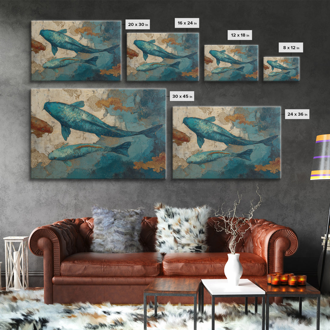 Teal Koi Fish on Tonal Water Framed Canvas Print, Monochrome Art, Modern Wall Art, Living Room Decor, Fine Art, Mono, MON-3x2-69
