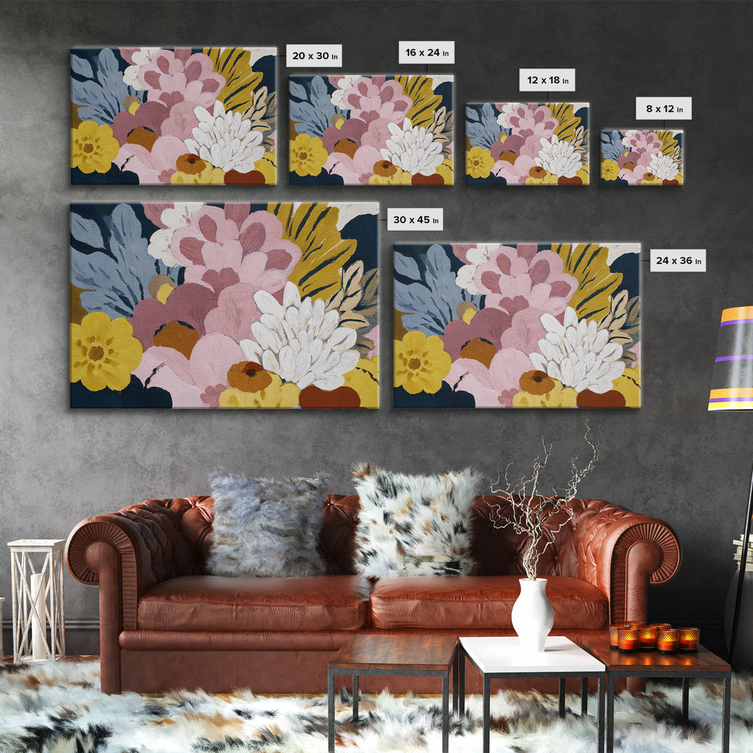 Monochrome Floral Bouquet Framed Canvas Print, Monochrome Art, Textured Wall Art, Living Room Decor, Mono, Wallpaper Mural, MON-3x2-70