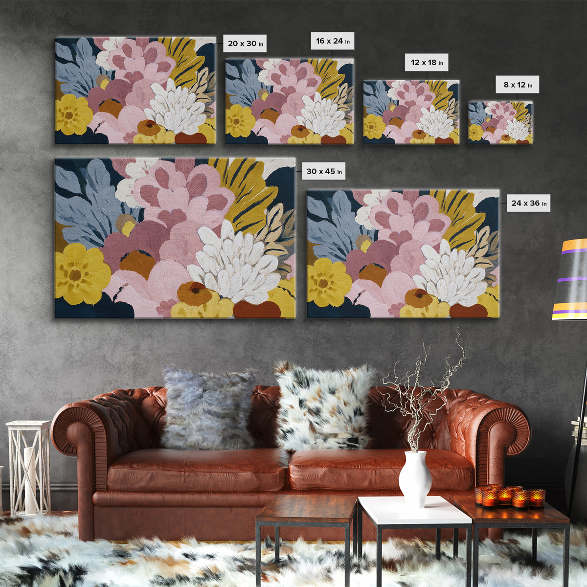 Monochrome Floral Bouquet Framed Canvas Print, Monochrome Art, Textured Wall Art, Living Room Decor, Mono, Wallpaper Mural, MON-3x2-70