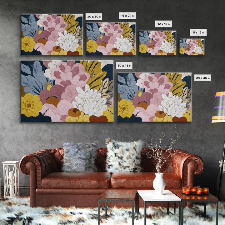 Monochrome Floral Bouquet Framed Canvas Print, Monochrome Art, Textured Wall Art, Living Room Decor, Mono, Wallpaper Mural, MON-3x2-70