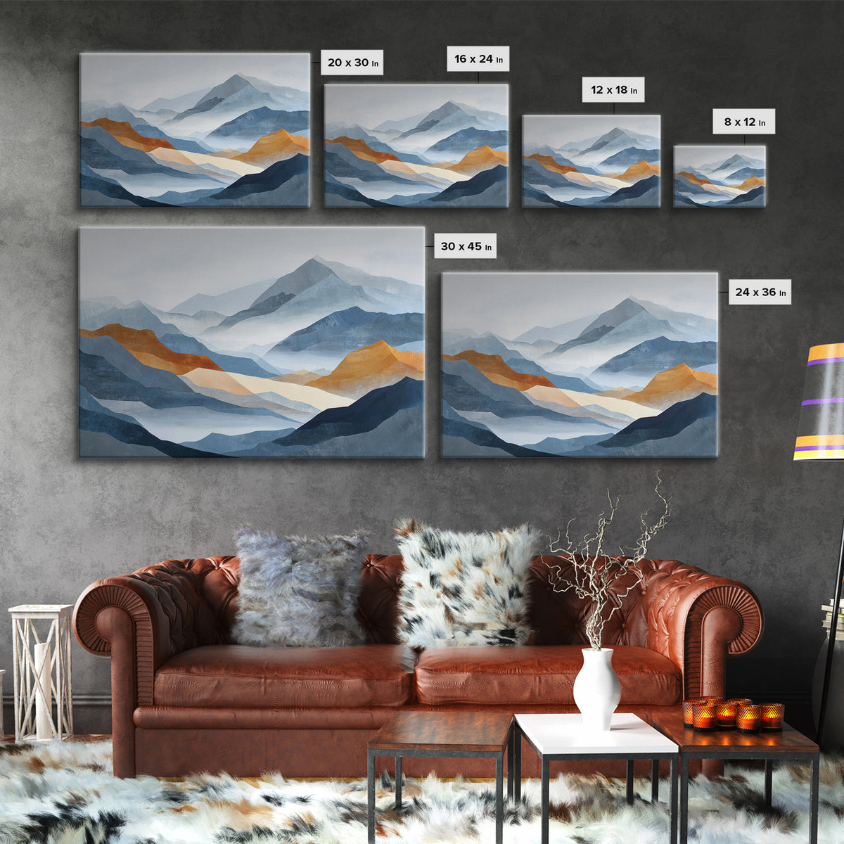 Charcoal Mountain Landscape Framed Canvas Print, Monochrome Art, Fine Art Print, Living Room Decor, Watercolor Art, Mono, MON-3x2-80