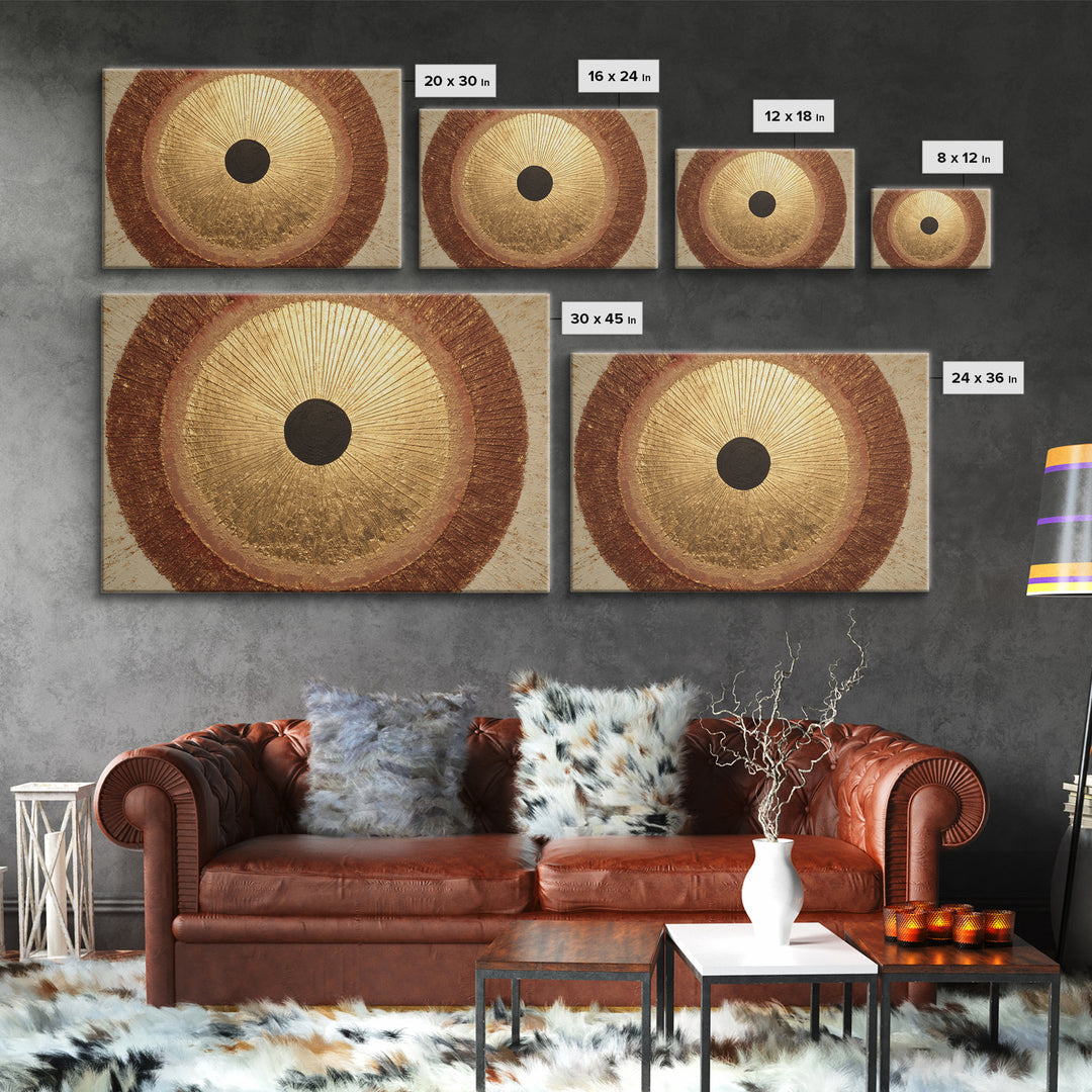 Gold Tonal Sunburst Medallion Framed Canvas Print, Monochrome Art, Dark Academia Decor, Living Room Decor, Fine Art, Mono, MON-3x2-90