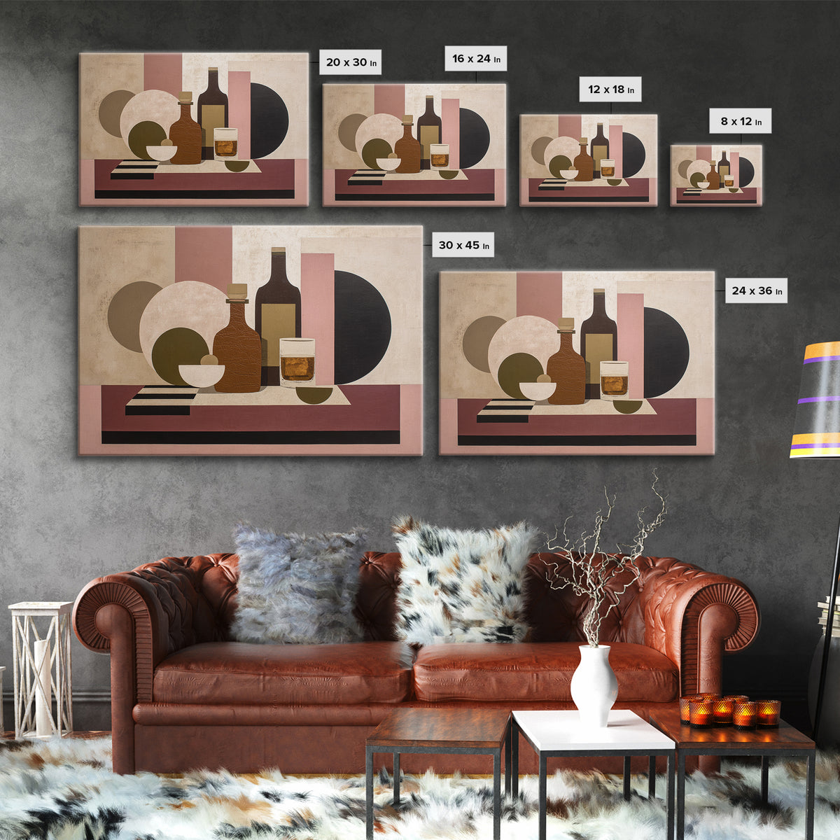 Brown Leather and Whiskey Still Life Framed Canvas Print, Monochrome Art, Minimalist Decor, Living Room Decor, Fine Art, Mono, MON-3x2-99
