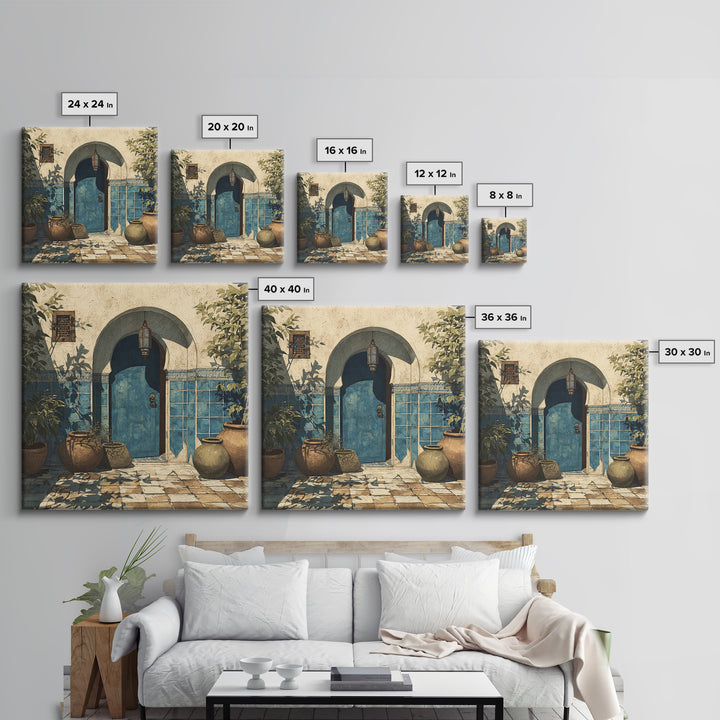 Arched Doorway with Lantern Glow and Patterned Canvas Print, Moroccan Art, Neutral Decor, Living Room Decor, Marrakesh, MOR-1x1-26
