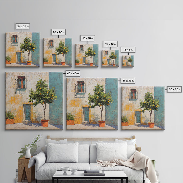 Orange Tree in Tiled Courtyard Framed Canvas Print, Moroccan Art, Contemporary Art, Living Room Decor, Oil Painting, Marrakesh, MOR-1x1-37