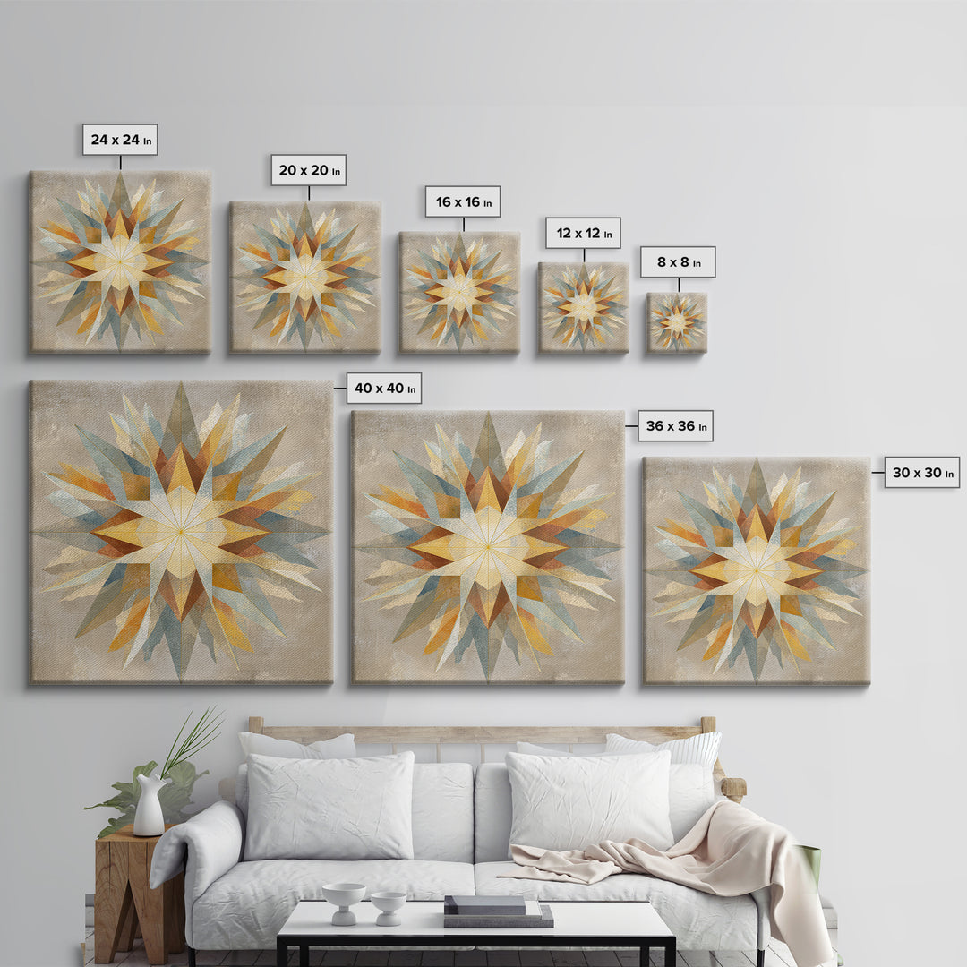 Gold Geometric Sunburst Framed Canvas Print, Moroccan Art, Living Room Decor, Oil Painting, Marrakesh 048, Set of Prints, MOR-1x1-48