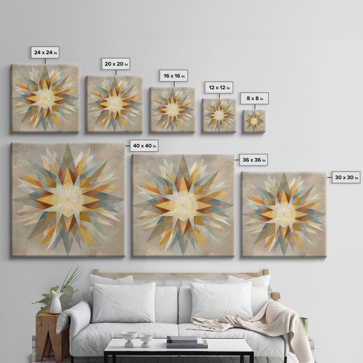 Gold Geometric Sunburst Framed Canvas Print, Moroccan Art, Living Room Decor, Oil Painting, Marrakesh 048, Set of Prints, MOR-1x1-48