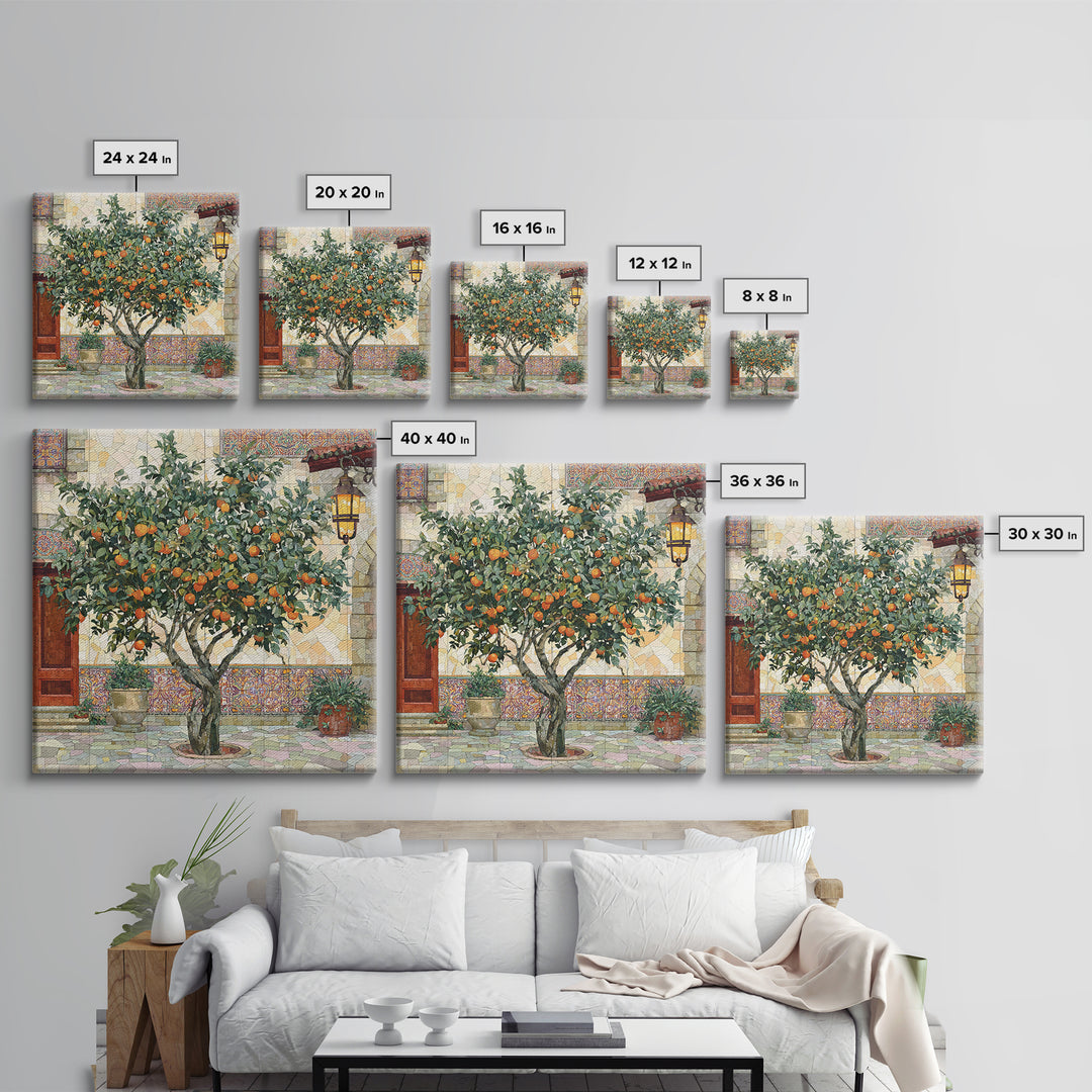 Orange Tree in Tiled Courtyard Framed Canvas Print, Moroccan Art, Contemporary Art, Living Room Decor, Oil Painting, Marrakesh, MOR-1x1-61