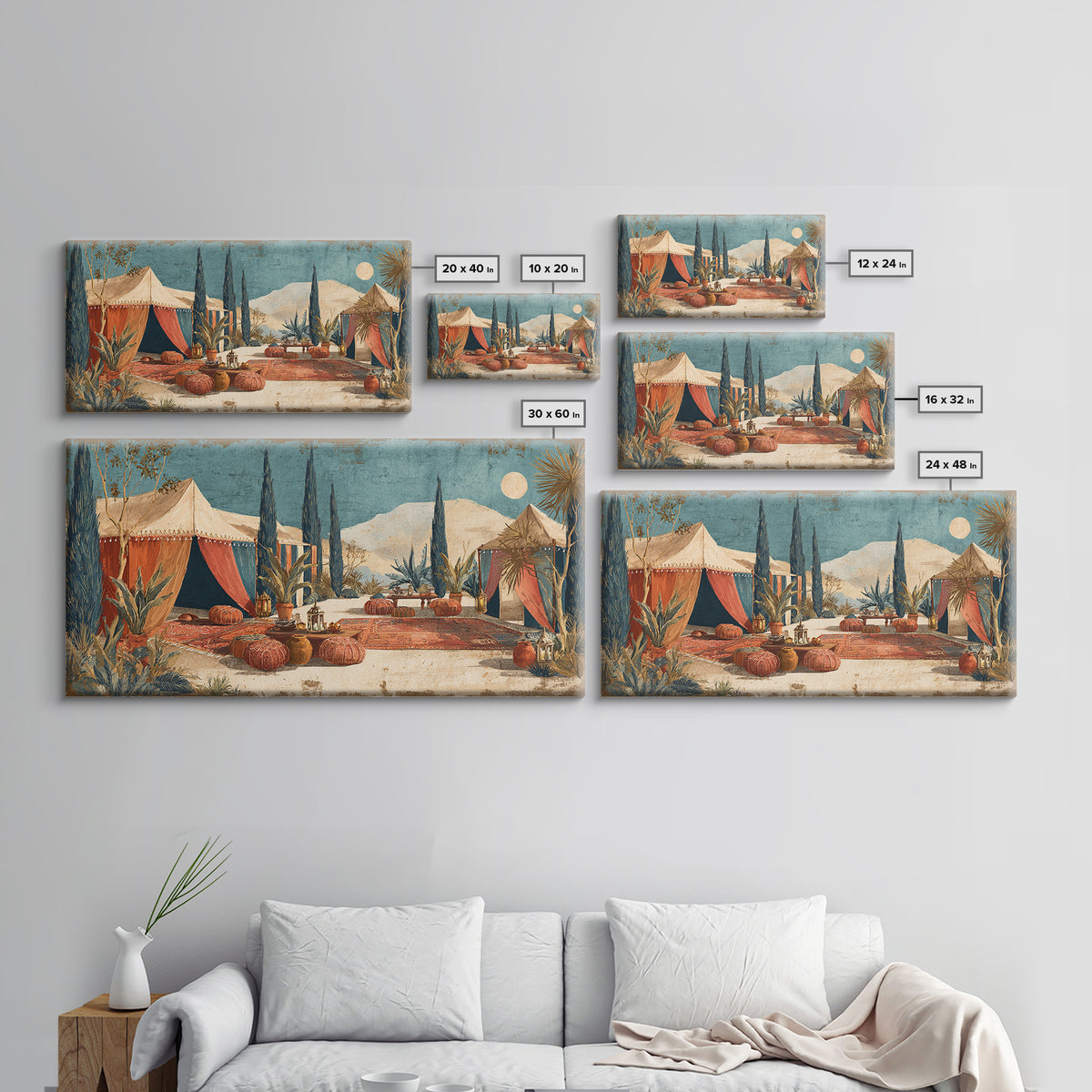 Desert Tent with Woven Rugs and Lanterns Framed Canvas Print, Moroccan Art, Art Prints, Living Room Decor, Fine Art, Marrakesh, MOR-2x1-10