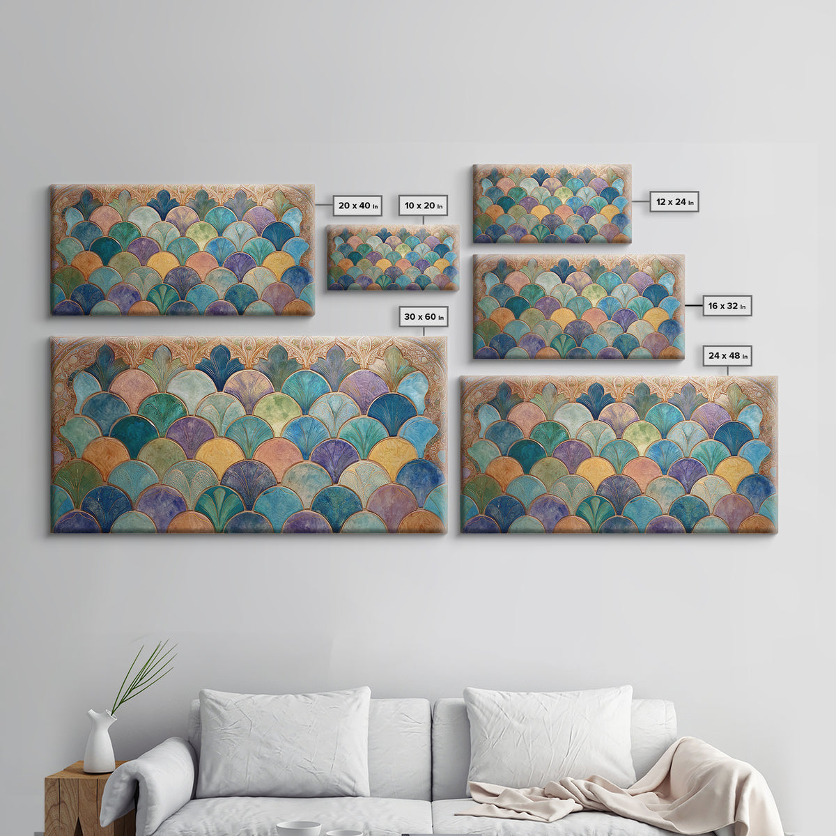 Turquoise Tile Fish Scale Pattern Canvas Print, Moroccan Art, Wall Art Print, Living Room Decor, Fine Art, Marrakesh, MOR-2x1-17