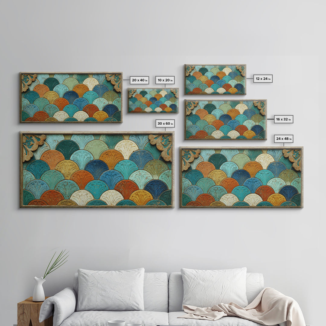 Turquoise Tile Fish Scale Pattern Framed Canvas Print, Moroccan Art, Living Room Rug, Living Room Decor, Abstract Art, MOR-2x1-65