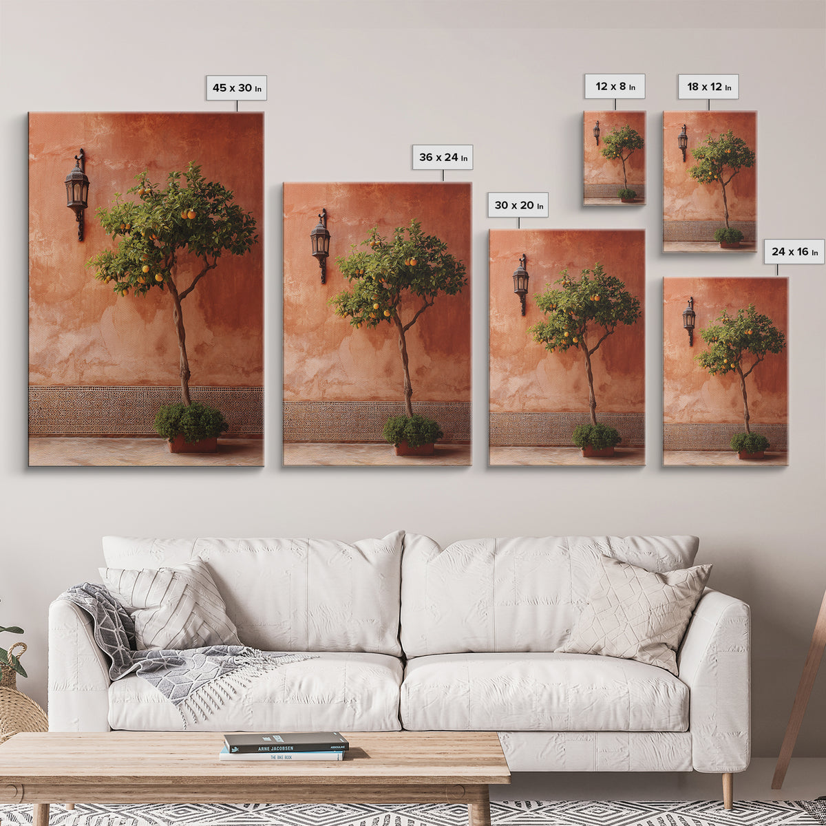 Orange Tree in Tiled Courtyard Framed Canvas Print, Moroccan Art, Modern Wall Art, Living Room Decor, Oil Painting, Marrakesh, MOR-2x3-21