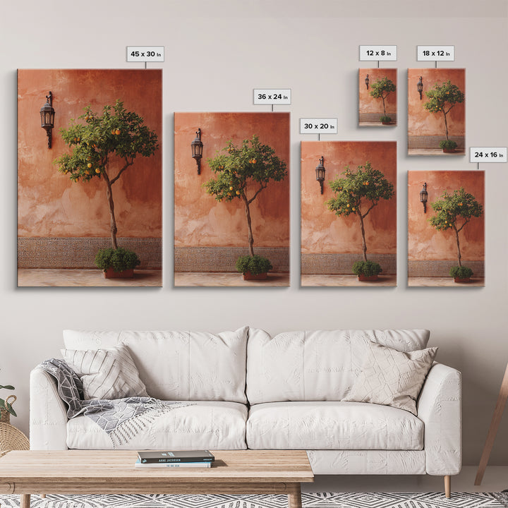 Orange Tree in Tiled Courtyard Framed Canvas Print, Moroccan Art, Modern Wall Art, Living Room Decor, Oil Painting, Marrakesh, MOR-2x3-21