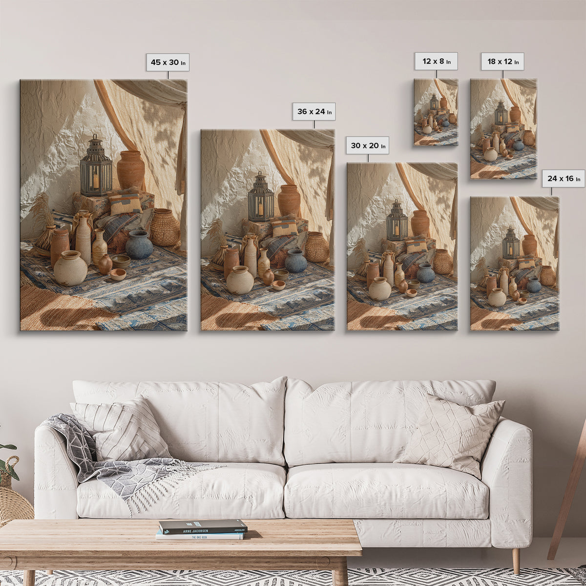 Desert Tent with Woven Rugs and Lanterns Framed Canvas Print, Moroccan Art, Printable Wall Art, Living Room Decor, Marrakesh, MOR-2x3-22