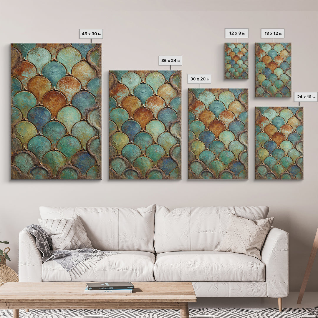 Turquoise Tile Fish Scale Pattern Framed Canvas Print, Moroccan Art, Gallery Wall Set, Living Room Decor, Oil Painting, MOR-2x3-53