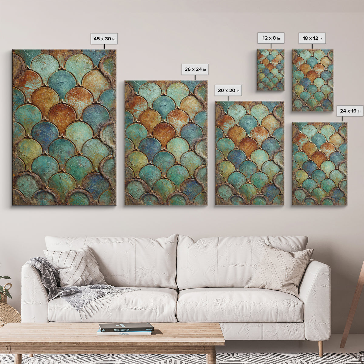 Turquoise Tile Fish Scale Pattern Framed Canvas Print, Moroccan Art, Gallery Wall Set, Living Room Decor, Oil Painting, MOR-2x3-53