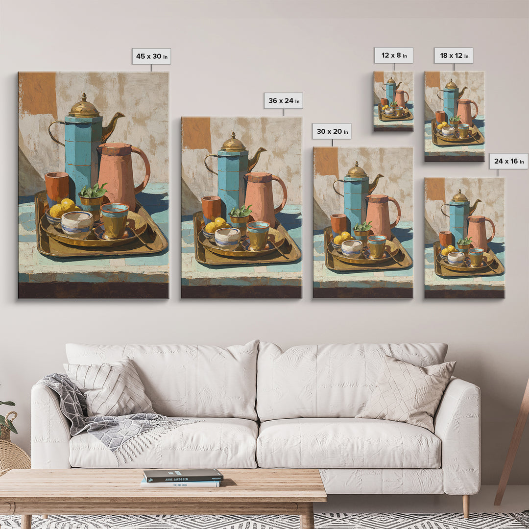 Moroccan Tea Set Framed Canvas Print, Moroccan Art, African Art, Living Room Decor, Fine Art, Marrakesh, Neutral Decor, MOR-2x3-60