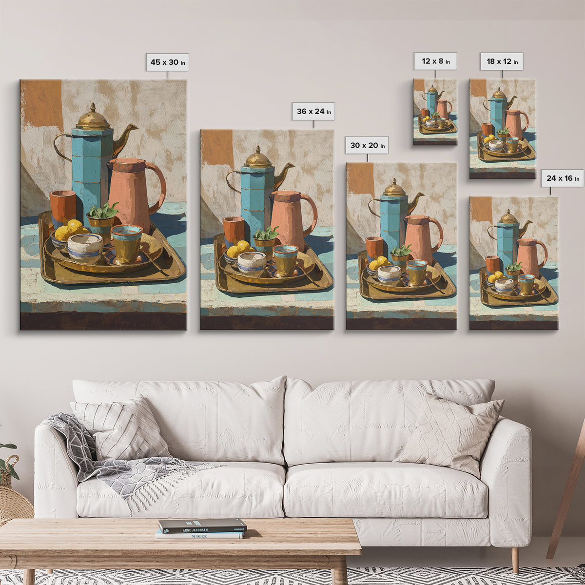 Moroccan Tea Set Framed Canvas Print, Moroccan Art, African Art, Living Room Decor, Fine Art, Marrakesh, Neutral Decor, MOR-2x3-60