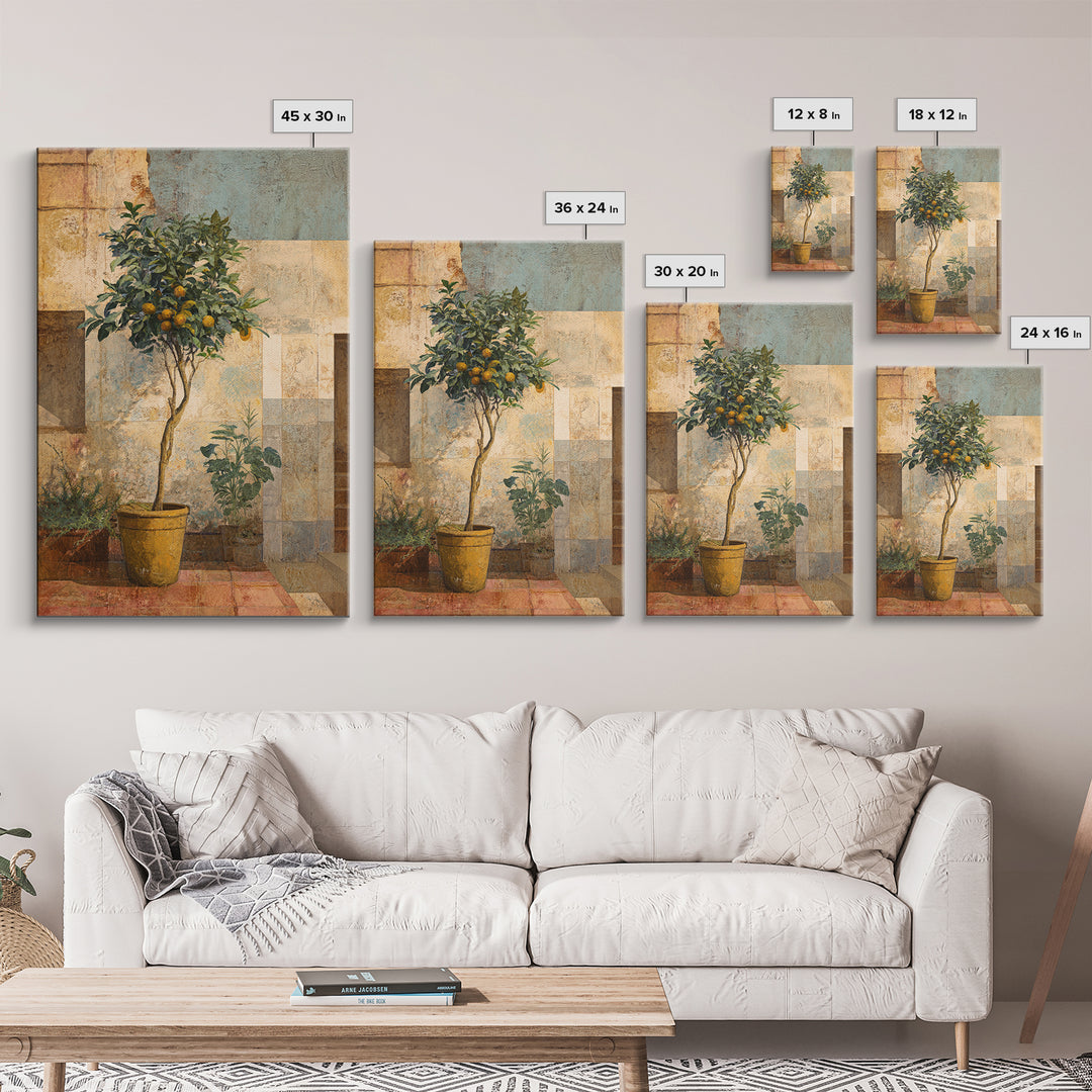 Orange Tree in Tiled Courtyard Framed Canvas Print, Moroccan Art, Neutral Wall Art, Living Room Decor, Fine Art, Marrakesh, MOR-2x3-69