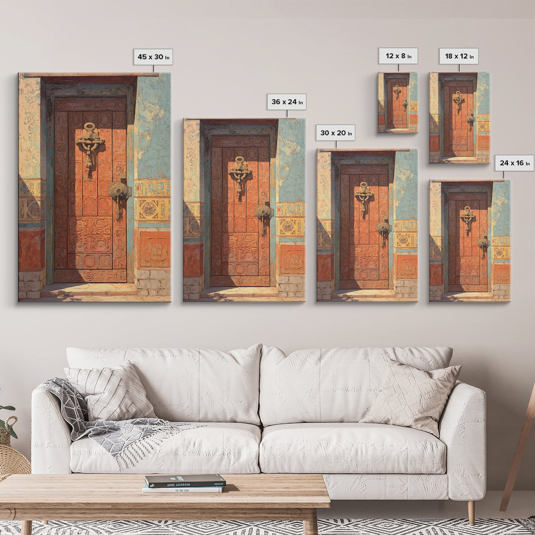 Patterned Door Hardware and Carved Wood Detail Framed Canvas Print, Moroccan Art, Modern Rug, Living Room Decor, Marrakesh, MOR-2x3-75