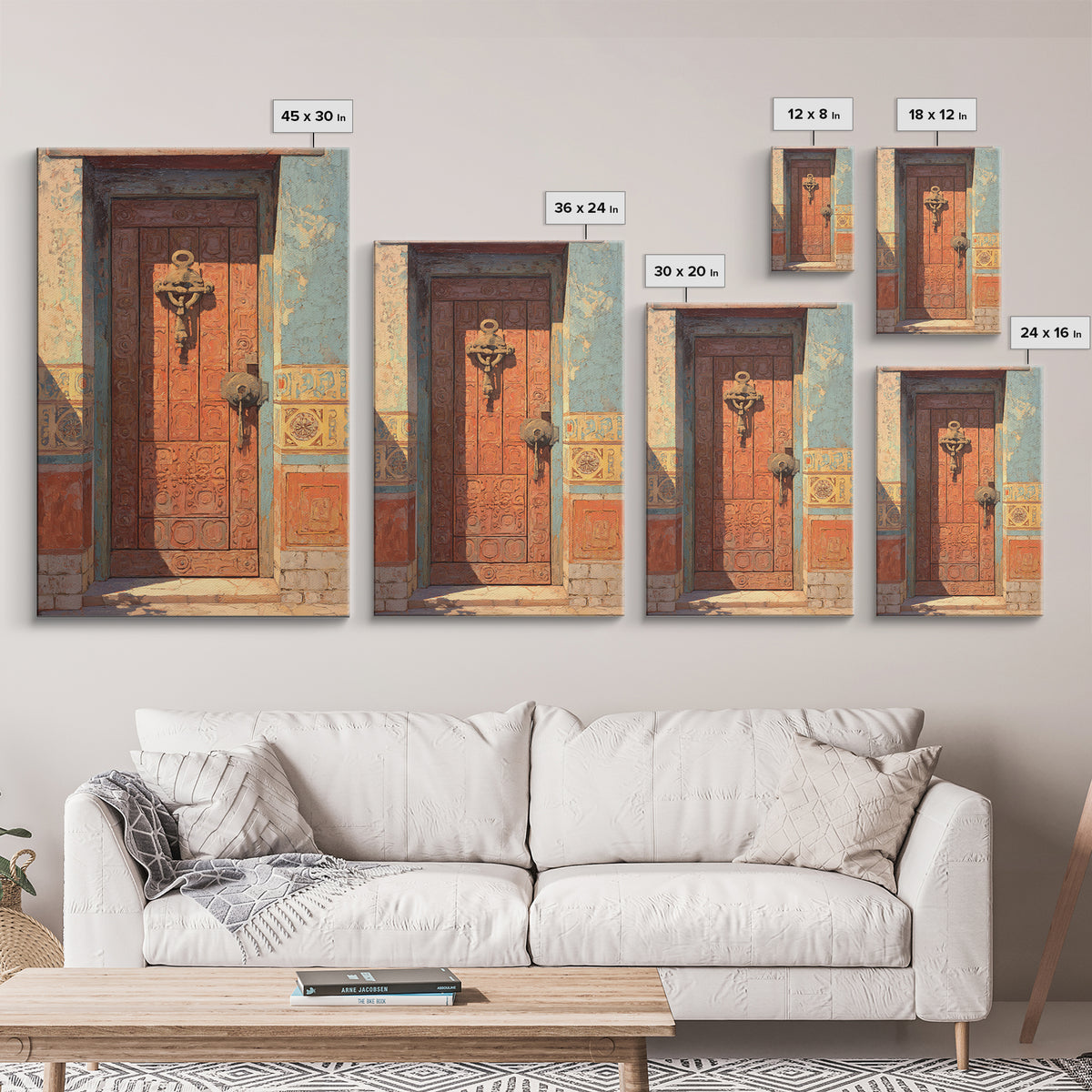 Patterned Door Hardware and Carved Wood Detail Framed Canvas Print, Moroccan Art, Modern Rug, Living Room Decor, Marrakesh, MOR-2x3-75