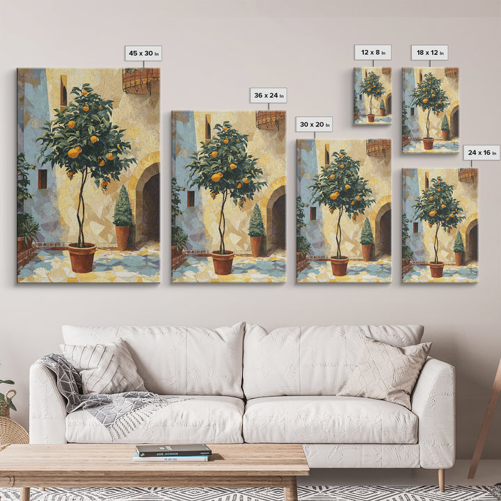 Orange Tree in Tiled Courtyard Framed Canvas Print, Moroccan Art, Neutral Wall Art, Living Room Decor, Fine Art, Marrakesh, MOR-2x3-93