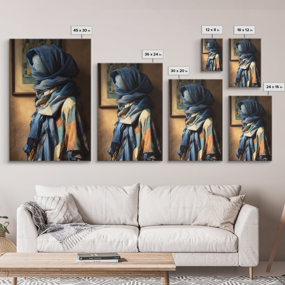 Tuareg Blue Scarf Portrait Framed Canvas Print, Moroccan Art, Modern Wall Art, Living Room Decor, Fine Art, Marrakesh, MOR-2x3-98