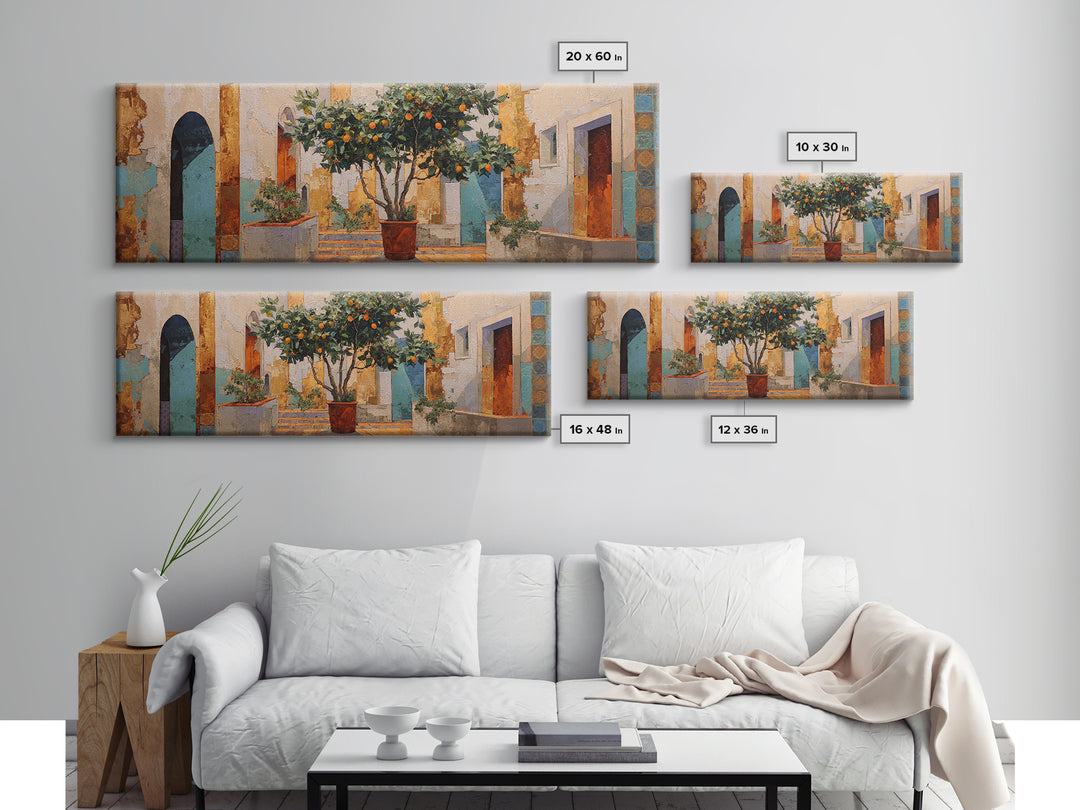 Orange Tree in Tiled Courtyard Framed Canvas Print, Moroccan Art, Fine Art Print, Living Room Decor, Fine Art, Marrakesh, MOR-3x1-53