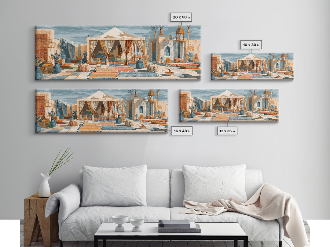 Desert Tent with Woven Rugs and Lanterns Canvas Print, Moroccan Art, Modern Decor, Living Room Decor, Fine Art, Marrakesh, MOR-3x1-54