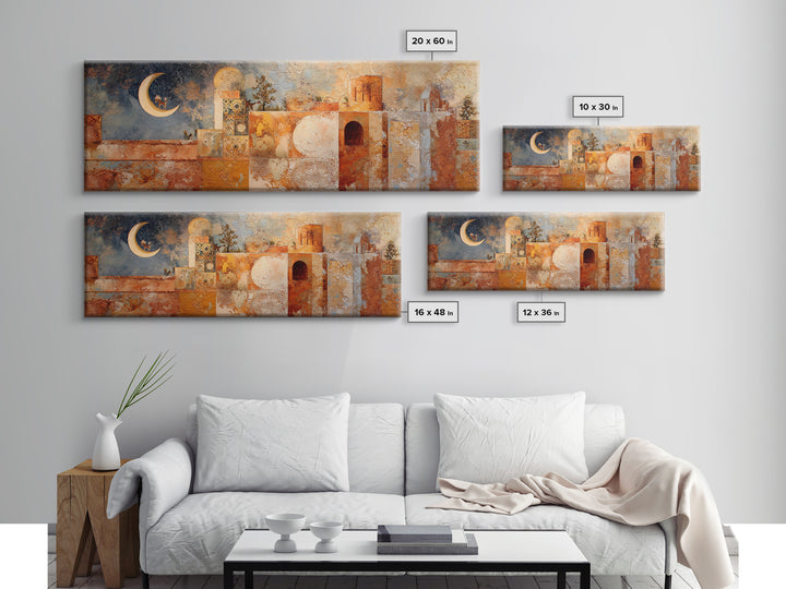 Camel Silhouette Beneath Crescent Moon Canvas Print, Moroccan Art, Set of 3 Prints, Living Room Decor, Fine Art, Marrakesh, MOR-3x1-75