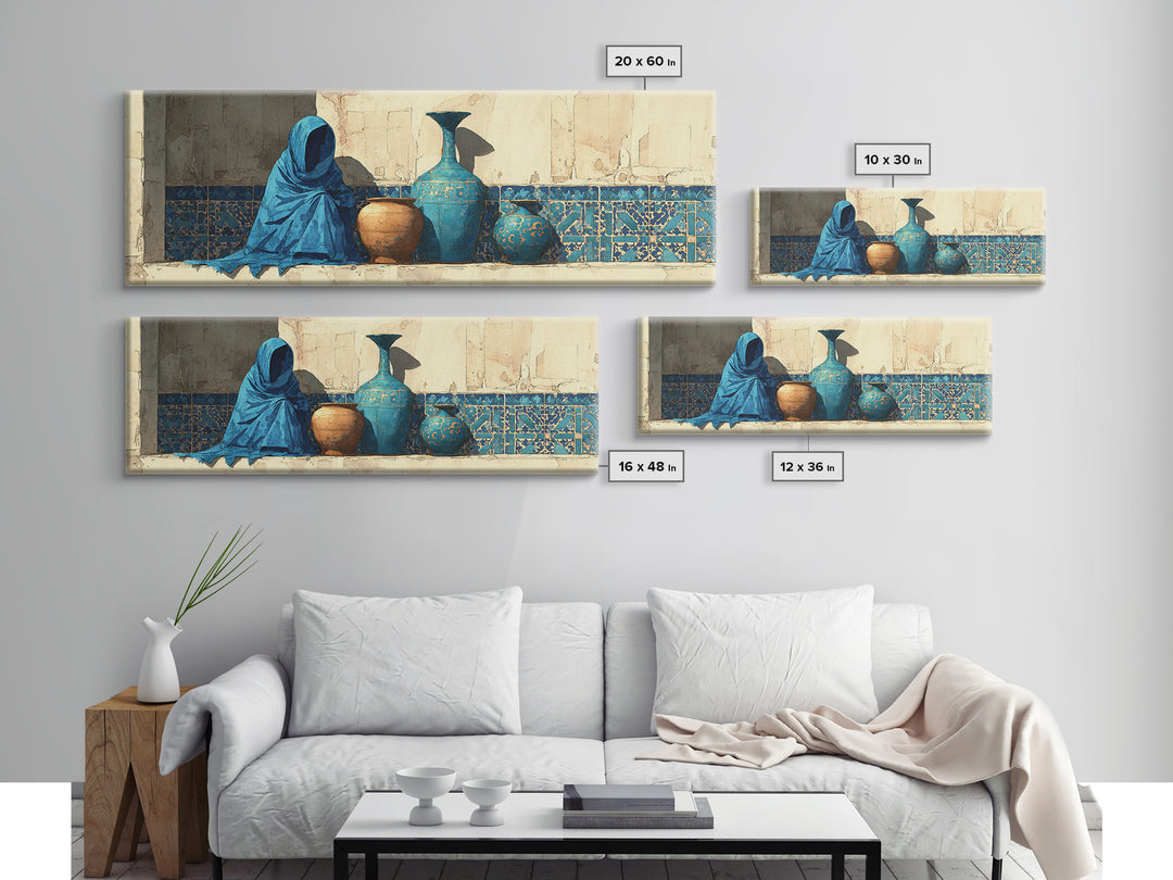 Tuareg Blue Scarf Portrait Framed Canvas Print, Moroccan Art, Gallery Wall Set, Living Room Decor, Fine Art, Marrakesh, MOR-3x1-82